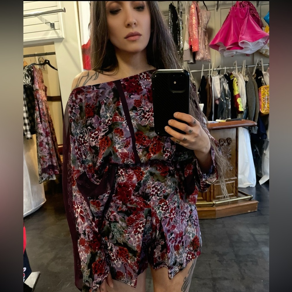 Purple floral sheer silk chiffon dolman sleeve top